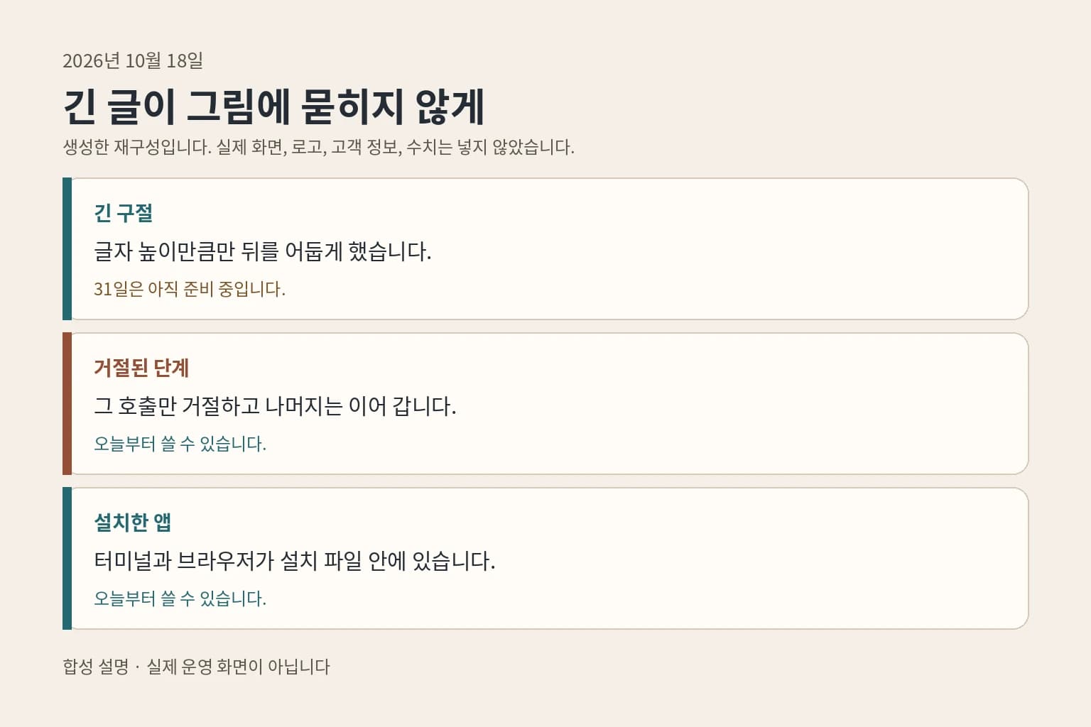 가로로 쌓은 합성 표. 긴 구절, 거절된 단계, 설치한 앱의 오늘 상태를 적었다