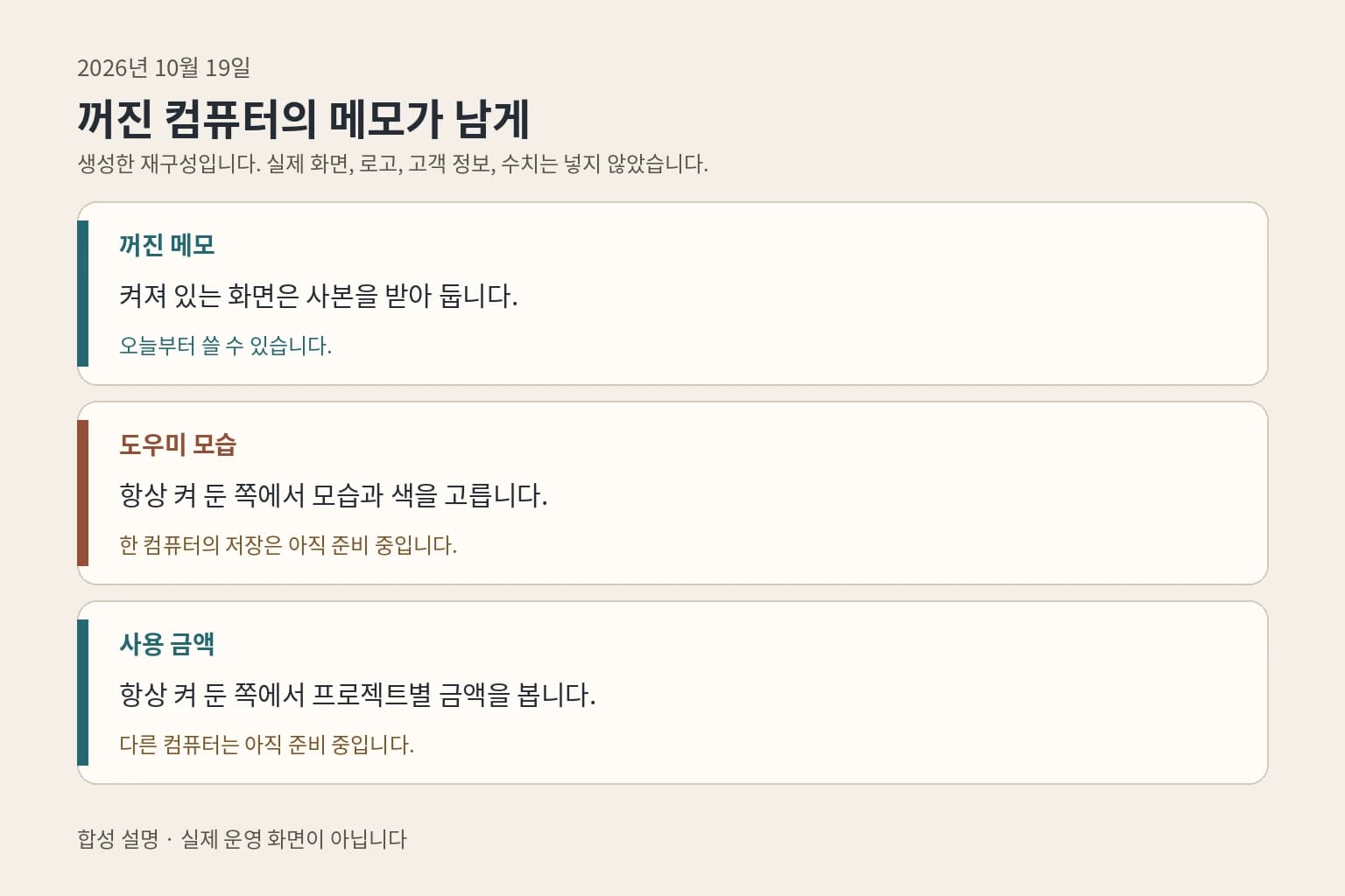 가로로 쌓은 합성 표. 꺼진 메모, 도우미 모습, 사용 금액의 오늘 상태를 적었다