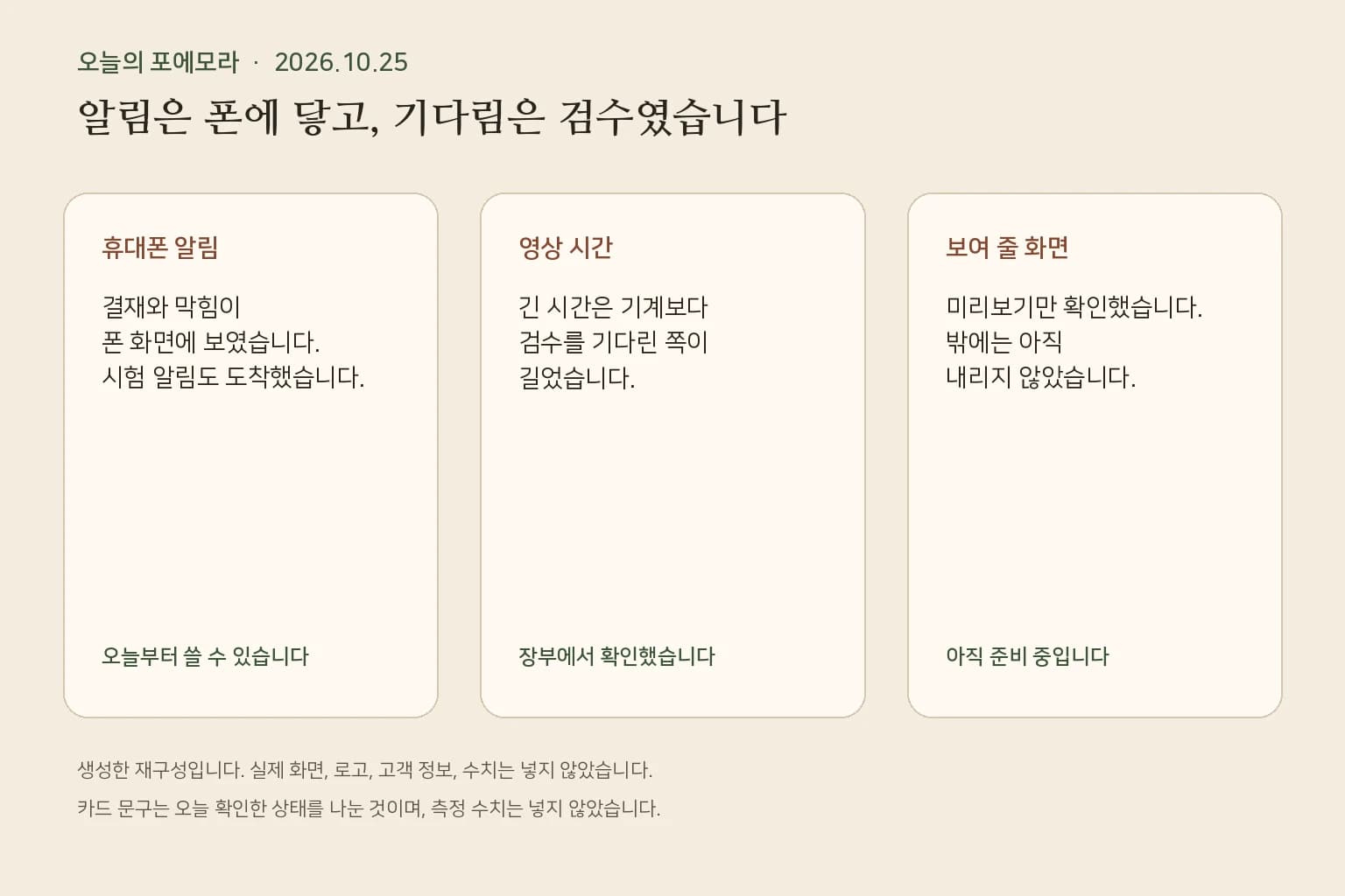 휴대폰 알림, 영상 시간, 보여 줄 화면의 오늘 상태를 적은 합성 표