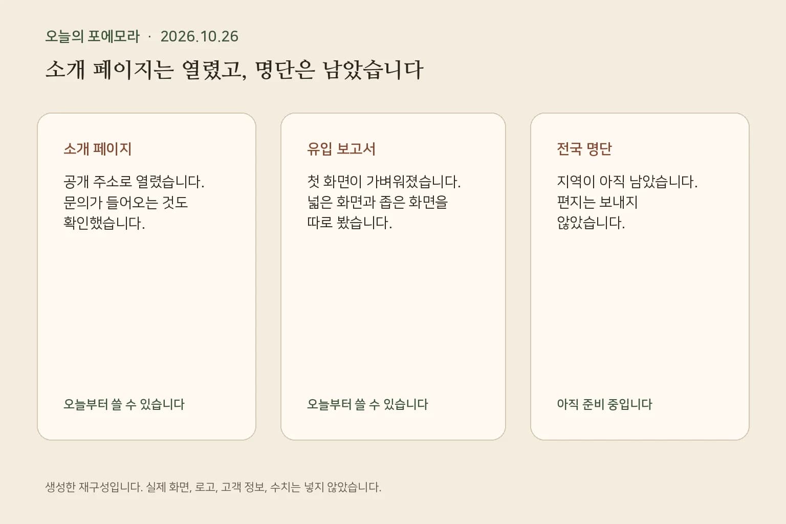 소개 페이지, 유입 보고서, 전국 명단의 오늘 상태를 적은 합성 표