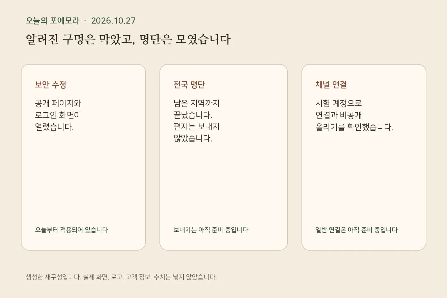 보안 수정, 전국 명단, 채널 연결의 오늘 상태를 적은 합성 표