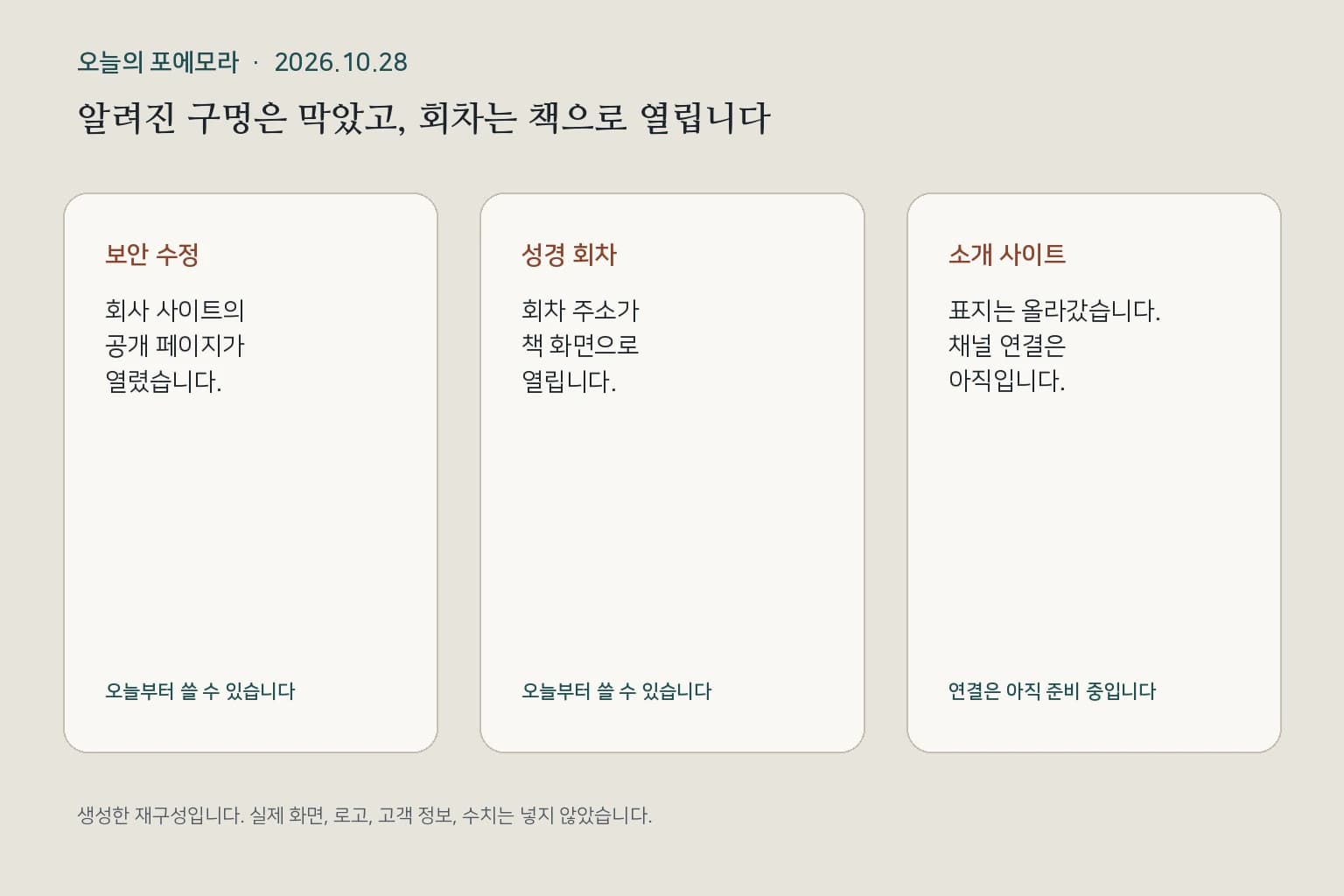 보안 수정, 성경 회차, 소개 사이트의 오늘 상태를 적은 합성 표