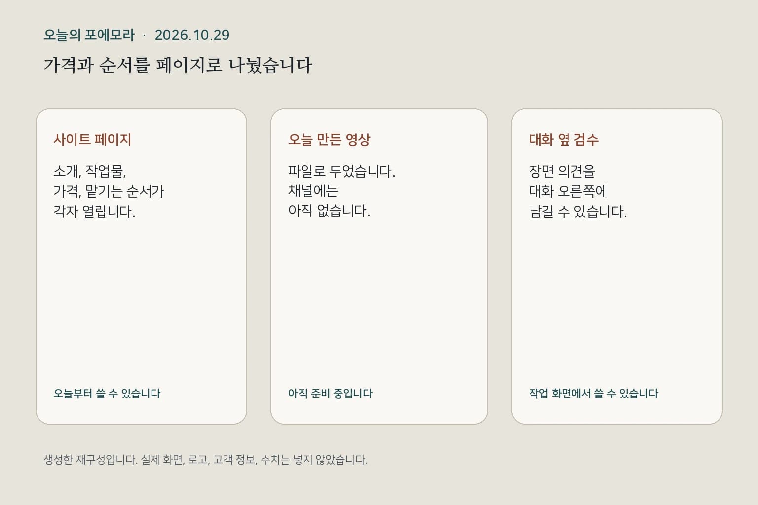 사이트 페이지, 오늘 만든 영상, 대화 옆 검수의 오늘 상태를 적은 합성 표