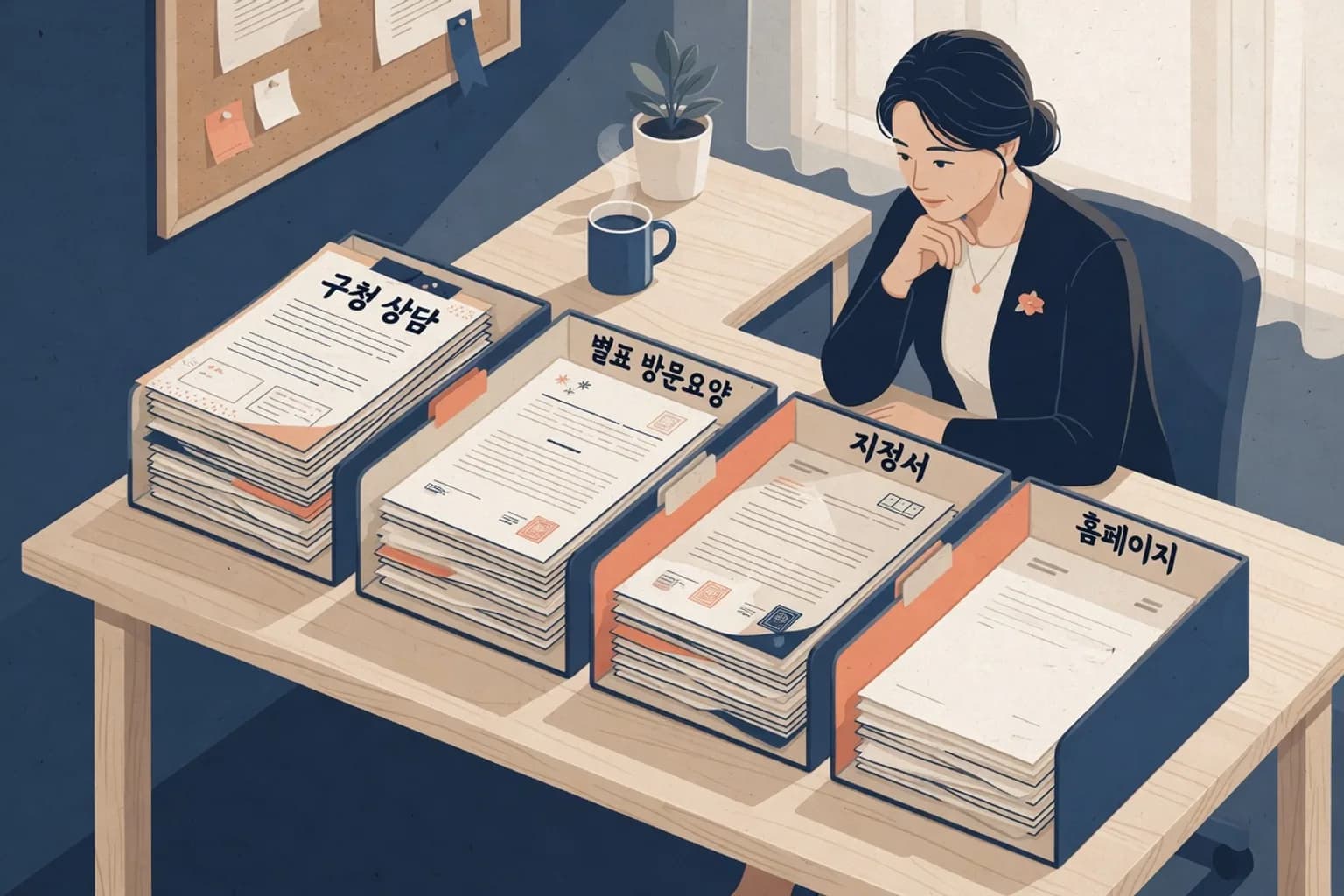 방문요양센터 창업 전에 구청 상담과 별표, 지정서를 모으는 책상